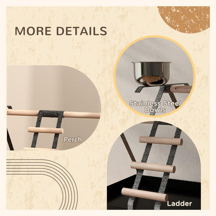 Portable Bird PlayStand Training Playground with Wood Perch Ladder and Feeding Cups for Macaw Parrot Conure - White