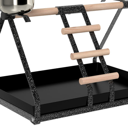 Portable Bird PlayStand Training Playground with Wood Perch Ladder and Feeding Cups for Macaw Parrot Conure - White