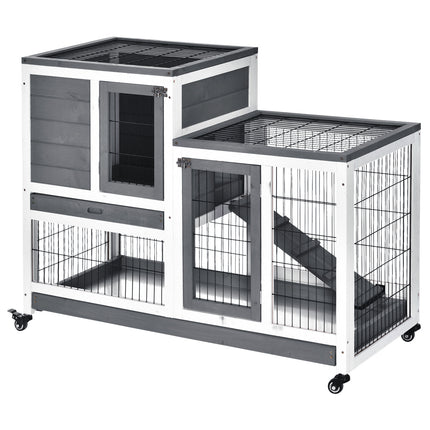 Indoor Wooden Rabbit Hutch with Wheels for Small Animals 110x50x86 cm - Grey White