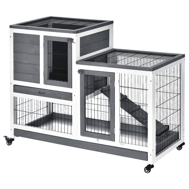 Indoor Wooden Rabbit Hutch with Wheels for Small Animals 110x50x86 cm - Grey White