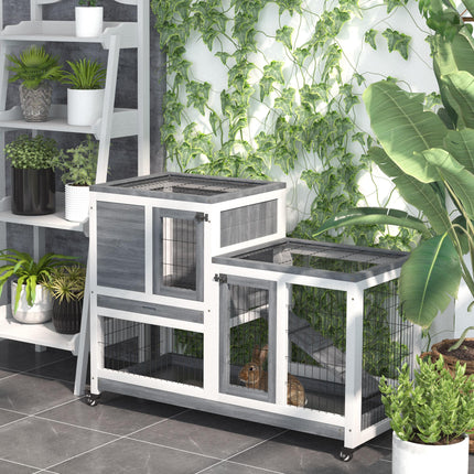 Indoor Wooden Rabbit Hutch with Wheels for Small Animals 110x50x86 cm - Grey White