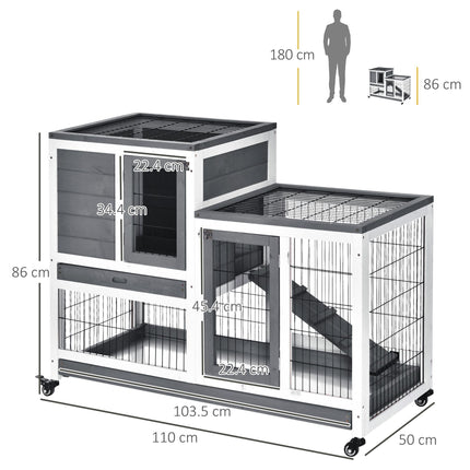 Indoor Wooden Rabbit Hutch with Wheels for Small Animals 110x50x86 cm - Grey White