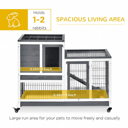 Indoor Wooden Rabbit Hutch with Wheels for Small Animals 110x50x86 cm - Grey White