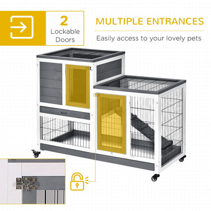 Indoor Wooden Rabbit Hutch with Wheels for Small Animals 110x50x86 cm - Grey White