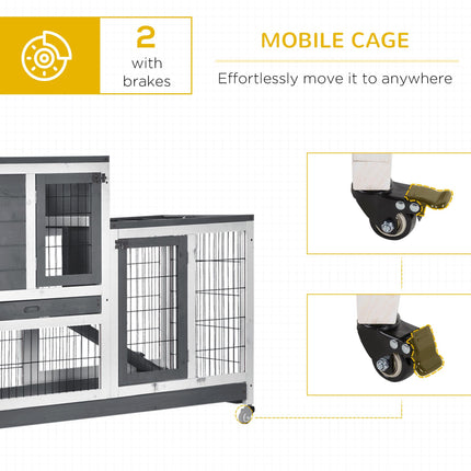 Indoor Wooden Rabbit Hutch with Wheels for Small Animals 110x50x86 cm - Grey White