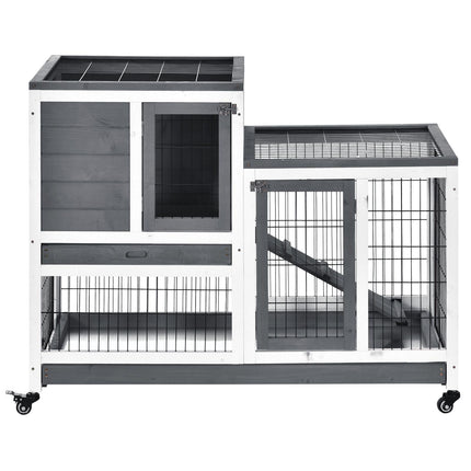 Indoor Wooden Rabbit Hutch with Wheels for Small Animals 110x50x86 cm - Grey White