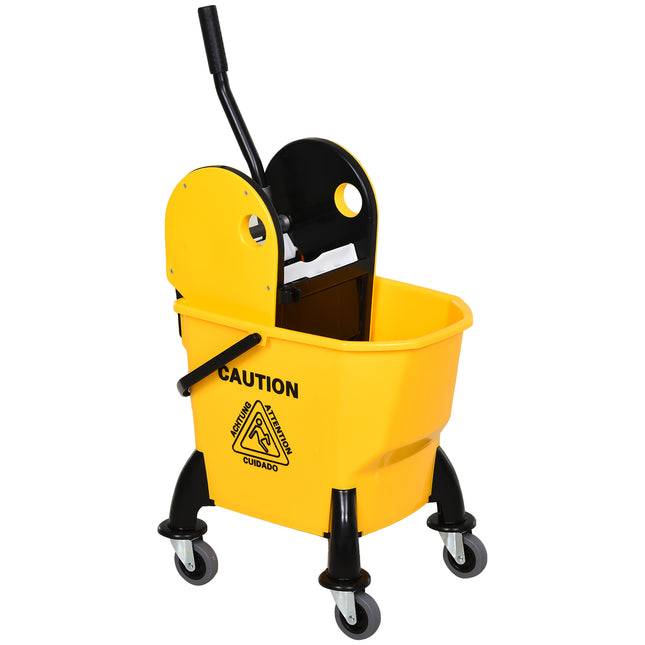 26L Mop Bucket with Water Wringer, 4-Wheel Floor Cart, Metal Handle & Pole Holder - Yellow