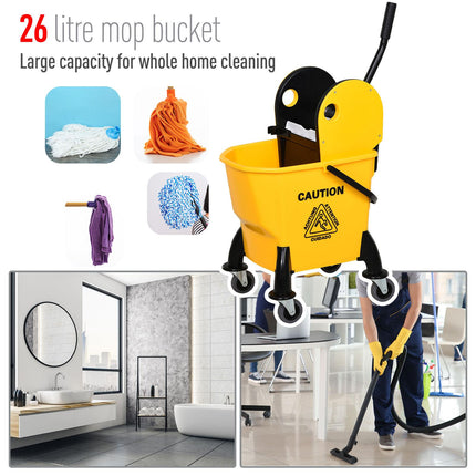 26L Mop Bucket with Water Wringer, 4-Wheel Floor Cart, Metal Handle & Pole Holder - Yellow