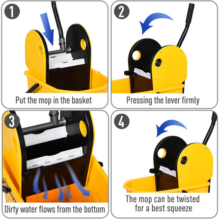 26L Mop Bucket with Water Wringer, 4-Wheel Floor Cart, Metal Handle & Pole Holder - Yellow