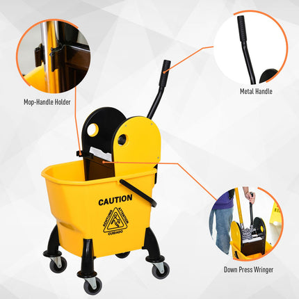 26L Mop Bucket with Water Wringer, 4-Wheel Floor Cart, Metal Handle & Pole Holder - Yellow