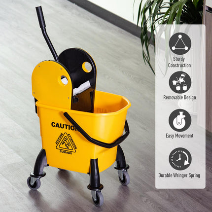 26L Mop Bucket with Water Wringer, 4-Wheel Floor Cart, Metal Handle & Pole Holder - Yellow