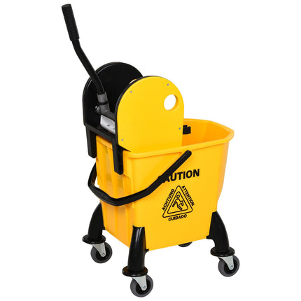 26L Mop Bucket with Water Wringer, 4-Wheel Floor Cart, Metal Handle & Pole Holder - Yellow