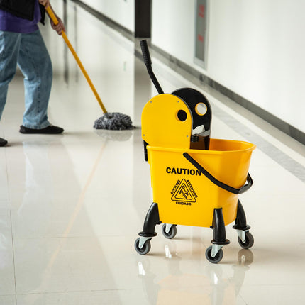 26L Mop Bucket with Water Wringer, 4-Wheel Floor Cart, Metal Handle & Pole Holder - Yellow