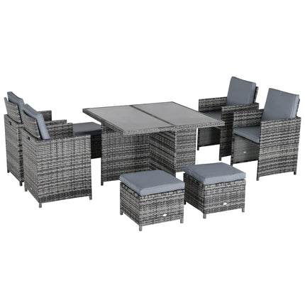 9 Piece Rattan Dining Set with Cushions and Glass Table - Grey