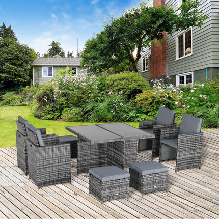 9 Piece Rattan Dining Set with Cushions and Glass Table - Grey