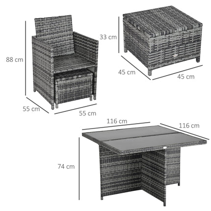 9 Piece Rattan Dining Set with Cushions and Glass Table - Grey