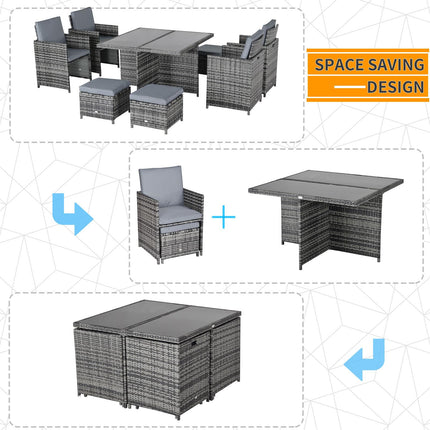 9 Piece Rattan Dining Set with Cushions and Glass Table - Grey