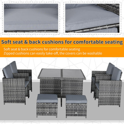 9 Piece Rattan Dining Set with Cushions and Glass Table - Grey