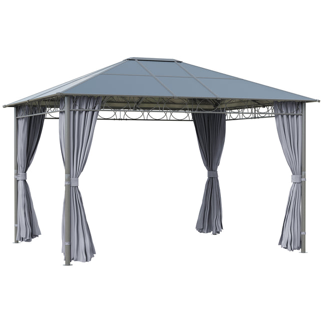 3.6 x 3m Hardtop Gazebo with UV Resistant Polycarbonate Roof, Steel & Aluminium Frame, Garden Pavilion with Curtains - Grey