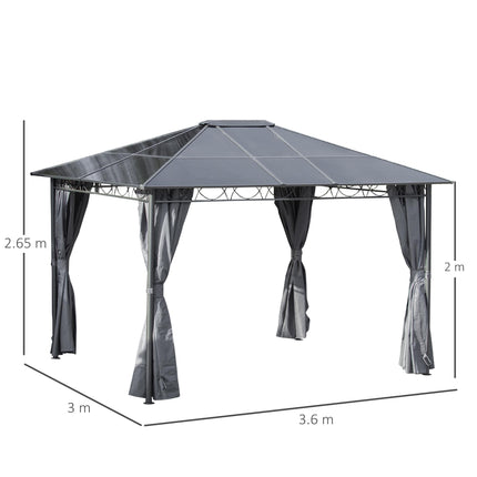 3.6 x 3m Hardtop Gazebo with UV Resistant Polycarbonate Roof, Steel & Aluminium Frame, Garden Pavilion with Curtains - Grey