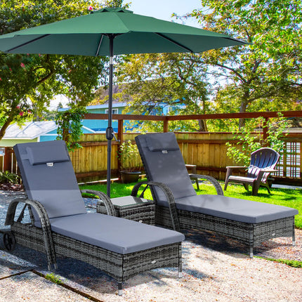 3-Piece PE Rattan Sun Lounger Set with Cushions & Side Table - Grey