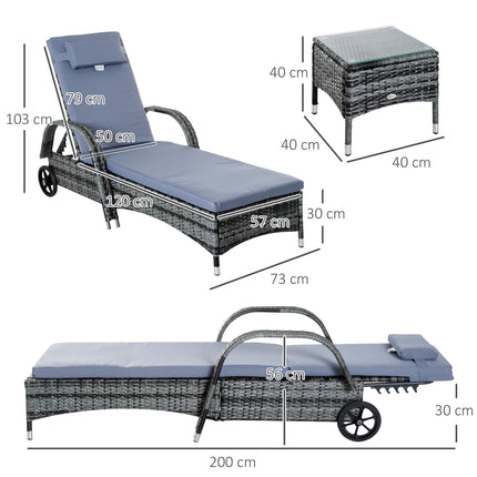 3-Piece PE Rattan Sun Lounger Set with Cushions & Side Table - Grey