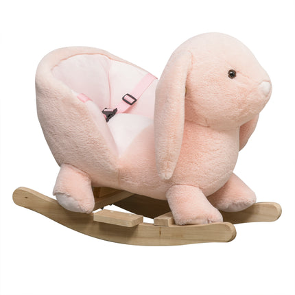 Plush Rocking Rabbit Ride-On Toy with Sound, Safety Belt & Wood Base for Toddlers 18-36 Months - Pink