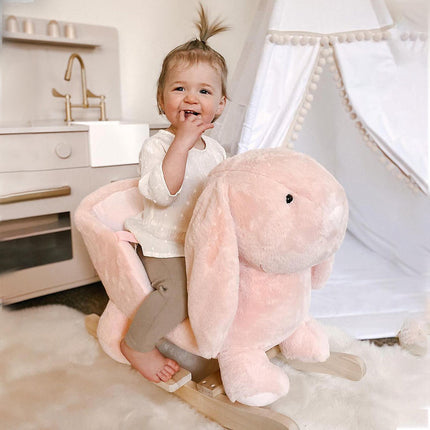 Plush Rocking Rabbit Ride-On Toy with Sound, Safety Belt & Wood Base for Toddlers 18-36 Months - Pink