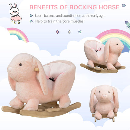 Plush Rocking Rabbit Ride-On Toy with Sound, Safety Belt & Wood Base for Toddlers 18-36 Months - Pink