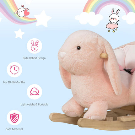 Plush Rocking Rabbit Ride-On Toy with Sound, Safety Belt & Wood Base for Toddlers 18-36 Months - Pink