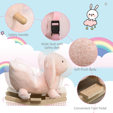 Plush Rocking Rabbit Ride-On Toy with Sound, Safety Belt & Wood Base for Toddlers 18-36 Months - Pink