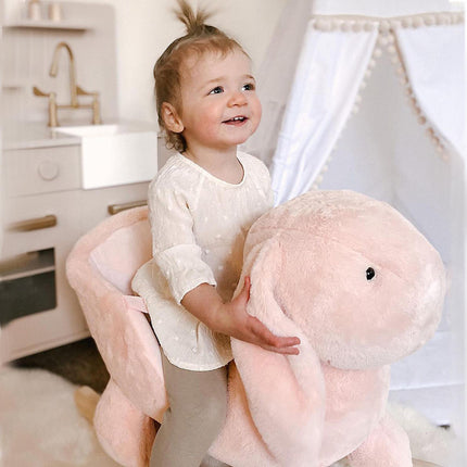 Plush Rocking Rabbit Ride-On Toy with Sound, Safety Belt & Wood Base for Toddlers 18-36 Months - Pink