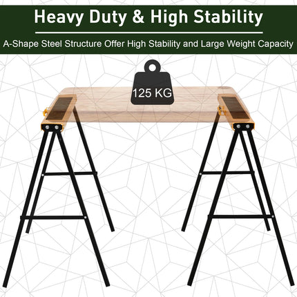 2-Piece Foldable Steel Saw Horse Set 125kg Capacity with Non-Slip Top and Side Grip Handle - Orange and Black