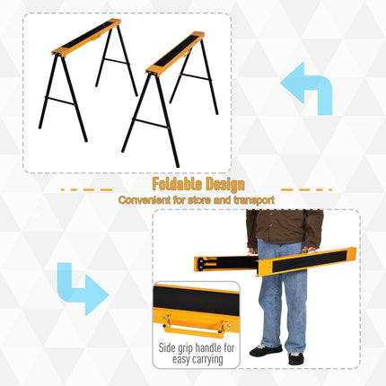 2-Piece Foldable Steel Saw Horse Set 125kg Capacity with Non-Slip Top and Side Grip Handle - Orange and Black