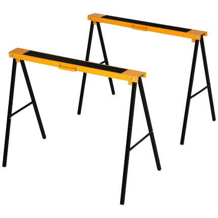 2-Piece Foldable Steel Saw Horse Set 125kg Capacity with Non-Slip Top and Side Grip Handle - Orange and Black