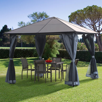 3x3 Metre Aluminium Gazebo with Hardtop Roof and Mesh Curtains - Grey
