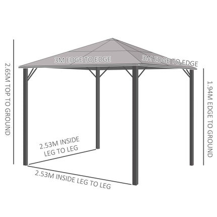 3x3 Metre Aluminium Gazebo with Hardtop Roof and Mesh Curtains - Grey