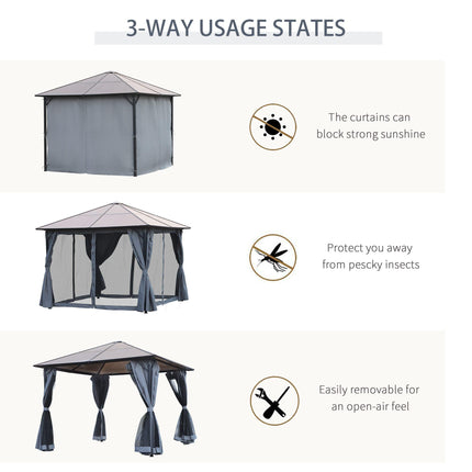 3x3 Metre Aluminium Gazebo with Hardtop Roof and Mesh Curtains - Grey