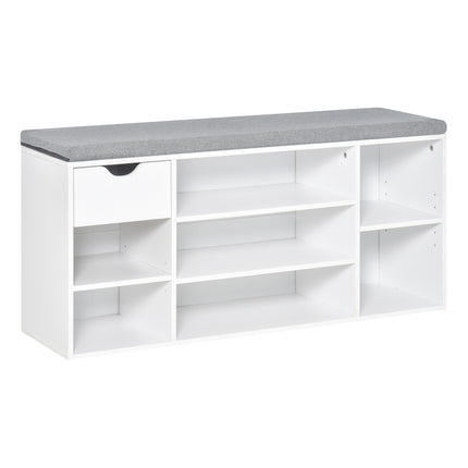 Shoe Bench with Cushion, 7-Compartment Storage Cabinet, Adjustable Shelves & Drawer for Entryway - White and Grey