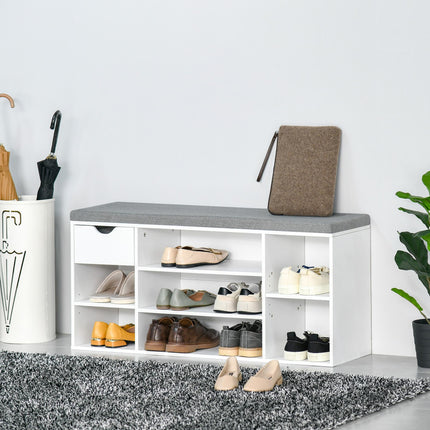 Shoe Bench with Cushion, 7-Compartment Storage Cabinet, Adjustable Shelves & Drawer for Entryway - White and Grey