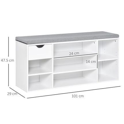 Shoe Bench with Cushion, 7-Compartment Storage Cabinet, Adjustable Shelves & Drawer for Entryway - White and Grey