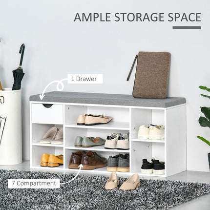 Shoe Bench with Cushion, 7-Compartment Storage Cabinet, Adjustable Shelves & Drawer for Entryway - White and Grey