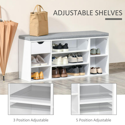 Shoe Bench with Cushion, 7-Compartment Storage Cabinet, Adjustable Shelves & Drawer for Entryway - White and Grey