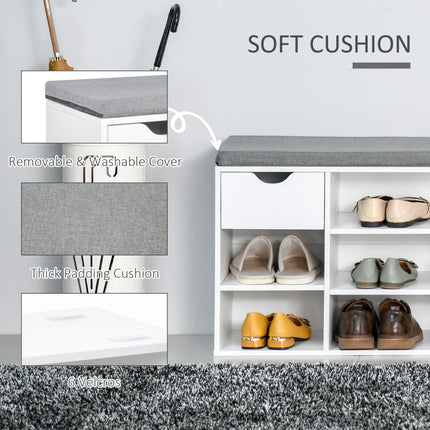 Shoe Bench with Cushion, 7-Compartment Storage Cabinet, Adjustable Shelves & Drawer for Entryway - White and Grey