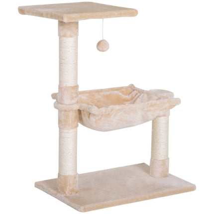 Two-Tier Cat Tree with Hammock, Sisal Scratching Post & Dangle Toy 70cm - Beige