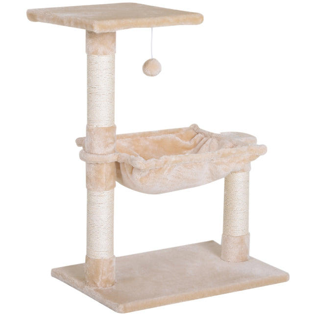 Two-Tier Cat Tree with Hammock, Sisal Scratching Post & Dangle Toy 70cm - Beige