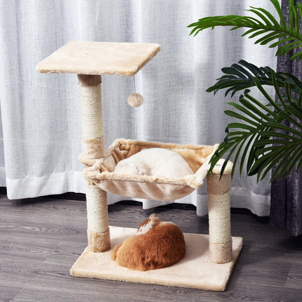 Two-Tier Cat Tree with Hammock, Sisal Scratching Post & Dangle Toy 70cm - Beige