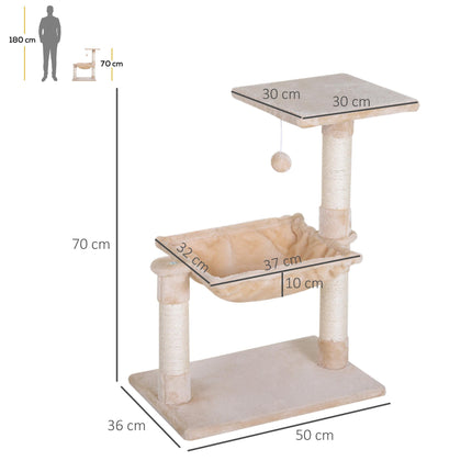 Two-Tier Cat Tree with Hammock, Sisal Scratching Post & Dangle Toy 70cm - Beige