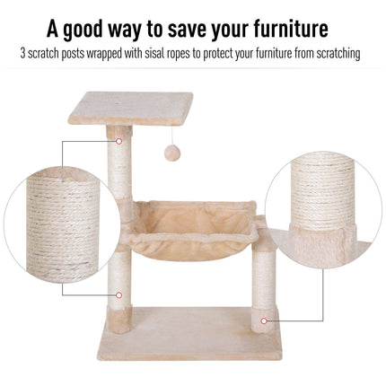 Two-Tier Cat Tree with Hammock, Sisal Scratching Post & Dangle Toy 70cm - Beige