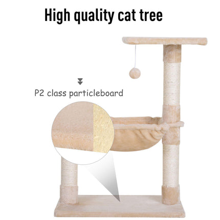Two-Tier Cat Tree with Hammock, Sisal Scratching Post & Dangle Toy 70cm - Beige